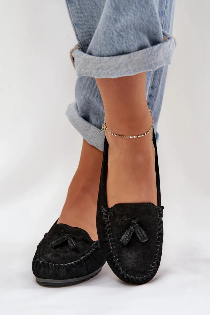 Discount Damskie buty S.Barski Damskie Płaskie Klasyczne Zamszowe Mokasyny S.Barski LR51-548 Czarne Czarny