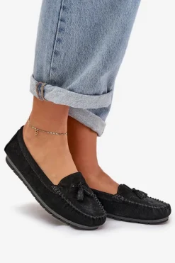 Discount Damskie buty S.Barski Damskie Płaskie Klasyczne Zamszowe Mokasyny S.Barski LR51-548 Czarne Czarny