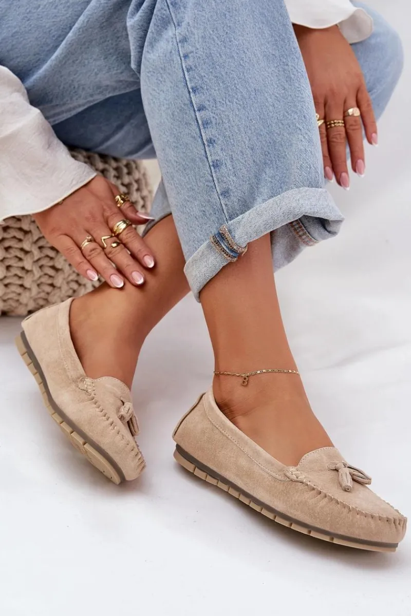 New Damskie Płaskie Klasyczne Zamszowe Mokasyny S.Barski LR51-548 Beżowe Damskie Loafersy Damskie|Mokasyny Damskie Zamszowe