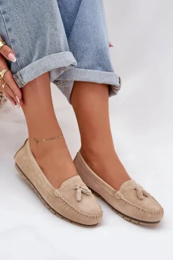 New Damskie Płaskie Klasyczne Zamszowe Mokasyny S.Barski LR51-548 Beżowe Damskie Loafersy Damskie|Mokasyny Damskie Zamszowe