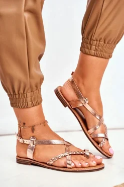 Sandały Płaskie>Boto Damskie Płaskie Sandałki Rzemyk Różowe Złoto Laurence