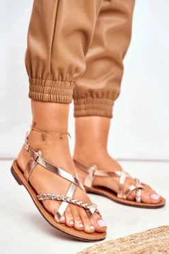 Sandały Płaskie>Boto Damskie Płaskie Sandałki Rzemyk Różowe Złoto Laurence