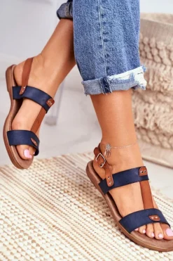 Best Damskie Płaskie Sandały Granatowe Renna Damskie Sandały Płaskie