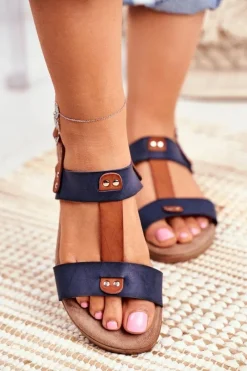 Best Damskie Płaskie Sandały Granatowe Renna Damskie Sandały Płaskie