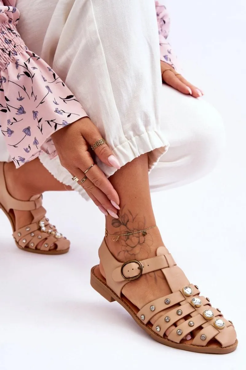 Sandały Płaskie>Boto Damskie Płaskie Sandały Z Cyrkoniami Beżowe Ascot