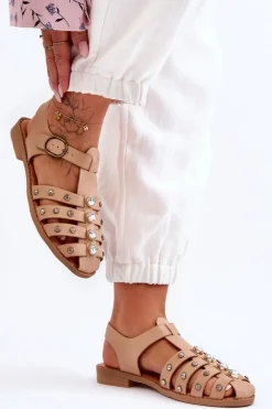 Sandały Płaskie>Boto Damskie Płaskie Sandały Z Cyrkoniami Beżowe Ascot