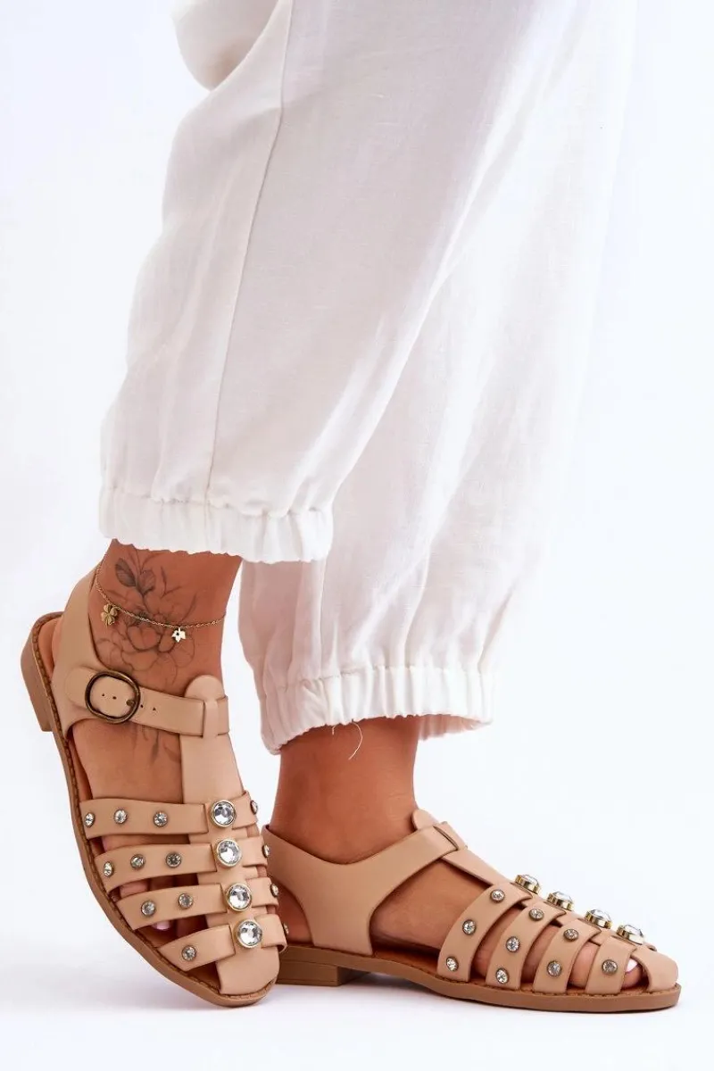 Sandały Płaskie>Boto Damskie Płaskie Sandały Z Cyrkoniami Beżowe Ascot