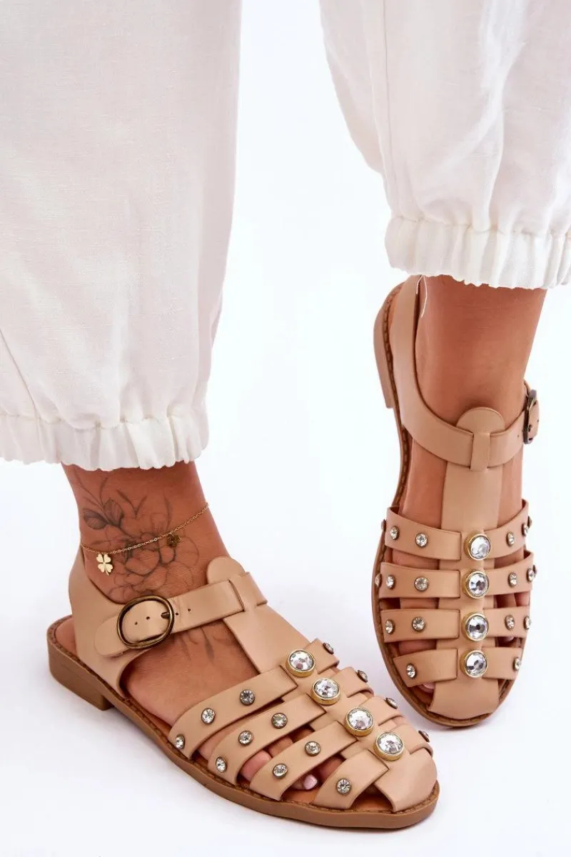 Sandały Płaskie>Boto Damskie Płaskie Sandały Z Cyrkoniami Beżowe Ascot