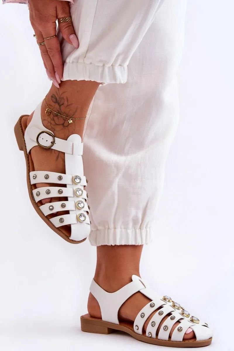 Best Boto Damskie Płaskie Sandały Z Cyrkoniami Białe Ascot