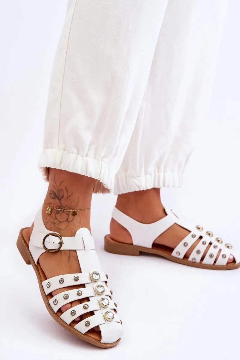 Best Boto Damskie Płaskie Sandały Z Cyrkoniami Białe Ascot