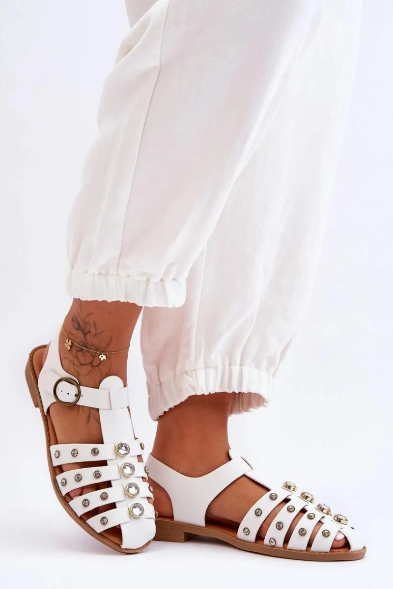 Best Boto Damskie Płaskie Sandały Z Cyrkoniami Białe Ascot