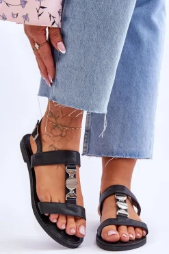 Sandały Płaskie>Boto Damskie Płaskie Sandały Z Ozdobnym Paskiem Czarne Berry