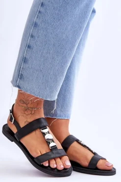 Sandały Płaskie>Boto Damskie Płaskie Sandały Z Ozdobnym Paskiem Czarne Berry