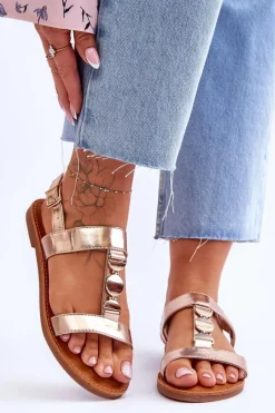 Sale Damskie Płaskie Sandały Z Ozdobnym Paskiem Złote Berry Damskie Sandały Płaskie