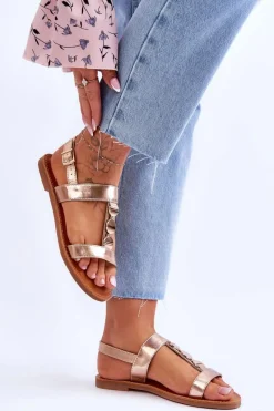 Sale Damskie Płaskie Sandały Z Ozdobnym Paskiem Złote Berry Damskie Sandały Płaskie