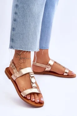 Sale Damskie Płaskie Sandały Z Ozdobnym Paskiem Złote Berry Damskie Sandały Płaskie