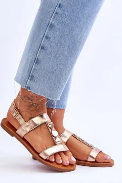 Sale Damskie Płaskie Sandały Z Ozdobnym Paskiem Złote Berry Damskie Sandały Płaskie