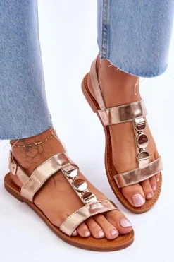 Sale Damskie Płaskie Sandały Z Ozdobnym Paskiem Złote Berry Damskie Sandały Płaskie