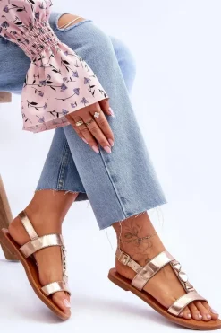 Sale Damskie Płaskie Sandały Z Ozdobnym Paskiem Złote Berry Damskie Sandały Płaskie