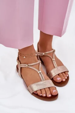 Discount Damskie Płaskie Sandały Z Paskami S.Barski KV51-120 Różowe Złoto Damskie Sandały Płaskie