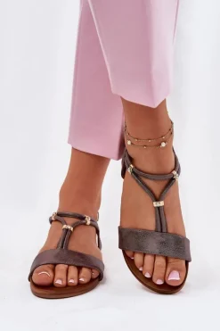 Sandały Płaskie>Damskie buty S.Barski Damskie Płaskie Sandały Z Paskami S.Barski KV51-120 Grafitowe Srebrny