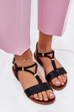 Discount Damskie Płaskie Sandały Z Paskami S.Barski KV51-120 Czarne Damskie Sandały Płaskie
