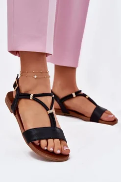 Discount Damskie Płaskie Sandały Z Paskami S.Barski KV51-120 Czarne Damskie Sandały Płaskie