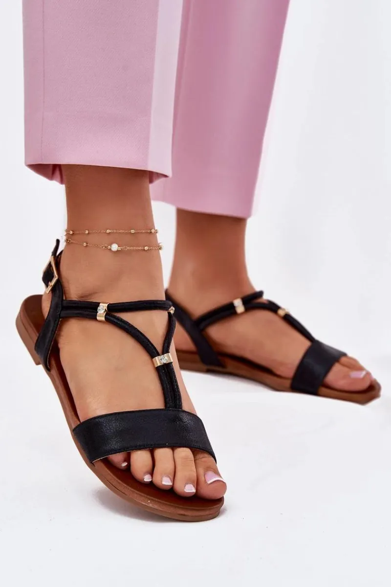 Discount Damskie Płaskie Sandały Z Paskami S.Barski KV51-120 Czarne Damskie Sandały Płaskie