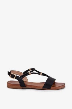Discount Damskie Płaskie Sandały Z Paskami S.Barski KV51-120 Czarne Damskie Sandały Płaskie
