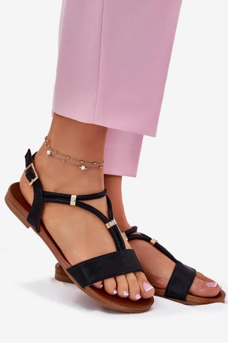 Discount Damskie Płaskie Sandały Z Paskami S.Barski KV51-120 Czarne Damskie Sandały Płaskie