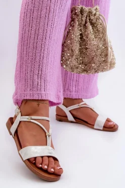 Best Damskie buty S.Barski Damskie Płaskie Sandały Z Paskami S.Barski KV27-010 Biało-Srebrne