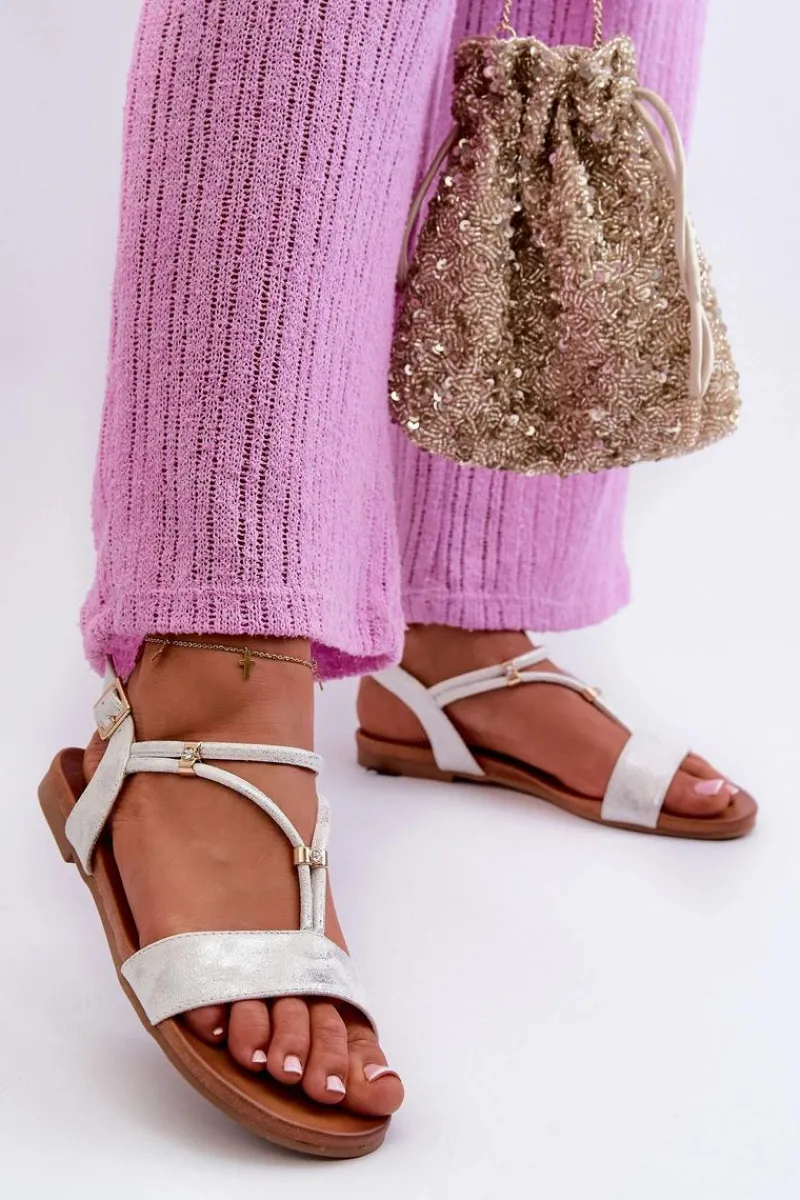 Best Damskie buty S.Barski Damskie Płaskie Sandały Z Paskami S.Barski KV27-010 Biało-Srebrne