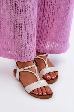 Best Damskie buty S.Barski Damskie Płaskie Sandały Z Paskami S.Barski KV27-010 Biało-Srebrne