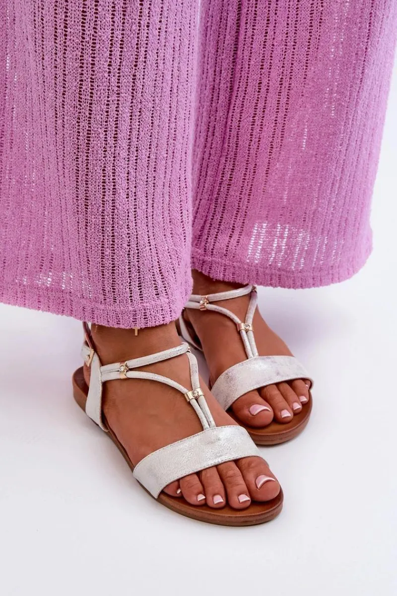 Best Damskie buty S.Barski Damskie Płaskie Sandały Z Paskami S.Barski KV27-010 Biało-Srebrne