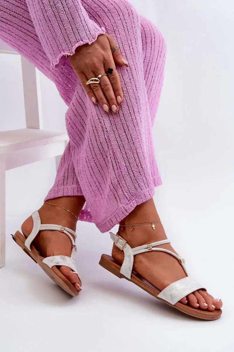 Best Damskie buty S.Barski Damskie Płaskie Sandały Z Paskami S.Barski KV27-010 Biało-Srebrne