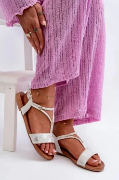 Best Damskie buty S.Barski Damskie Płaskie Sandały Z Paskami S.Barski KV27-010 Biało-Srebrne