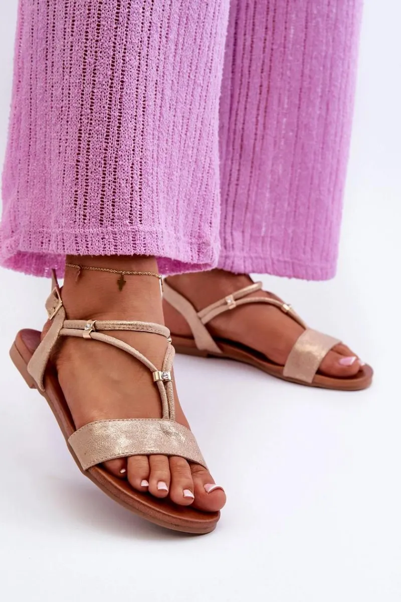 Sandały Płaskie>Damskie buty S.Barski Damskie Płaskie Sandały Z Paskami S.Barski KV27-010 Beżowo-Złote