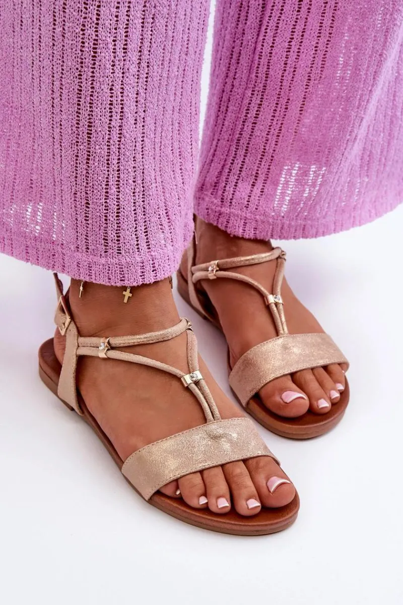 Sandały Płaskie>Damskie buty S.Barski Damskie Płaskie Sandały Z Paskami S.Barski KV27-010 Beżowo-Złote