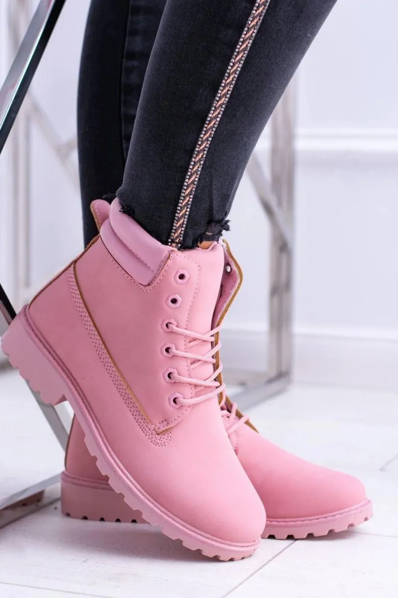 Damskie Trapery|Botki Sznurowane>Boto Damskie Pastelowe Botki Timberki Pudrowy Róż Lucy