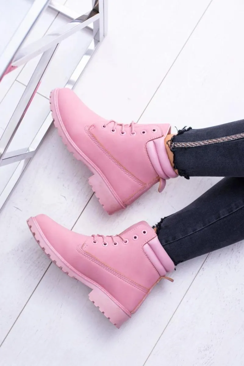 Damskie Trapery|Botki Sznurowane>Boto Damskie Pastelowe Botki Timberki Pudrowy Róż Lucy
