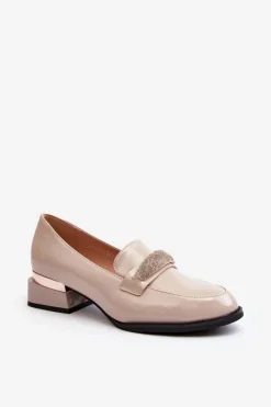 Damskie Półbuty Lakierowane Na Niskim Obcasie Beżowe Marilni Damskie Półbuty Lakierowane