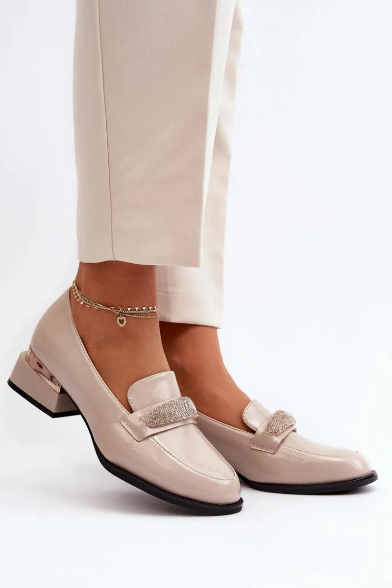 Damskie Półbuty Lakierowane Na Niskim Obcasie Beżowe Marilni Damskie Półbuty Lakierowane