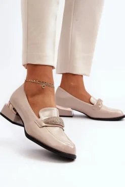 Damskie Półbuty Lakierowane Na Niskim Obcasie Beżowe Marilni Damskie Półbuty Lakierowane
