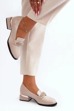 Damskie Półbuty Lakierowane Na Niskim Obcasie Beżowe Marilni Damskie Półbuty Lakierowane