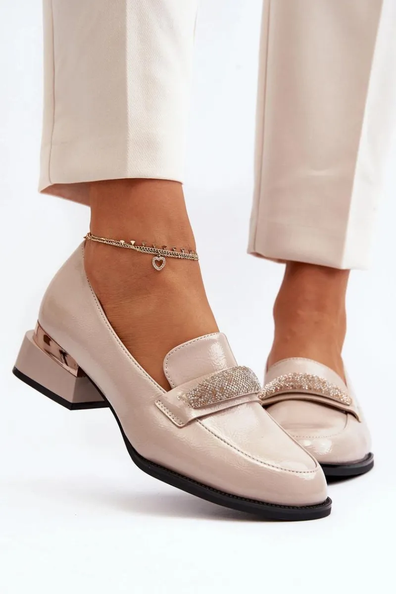 Damskie Półbuty Lakierowane Na Niskim Obcasie Beżowe Marilni Damskie Półbuty Lakierowane