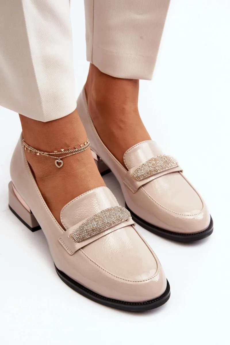 Damskie Półbuty Lakierowane Na Niskim Obcasie Beżowe Marilni Damskie Półbuty Lakierowane