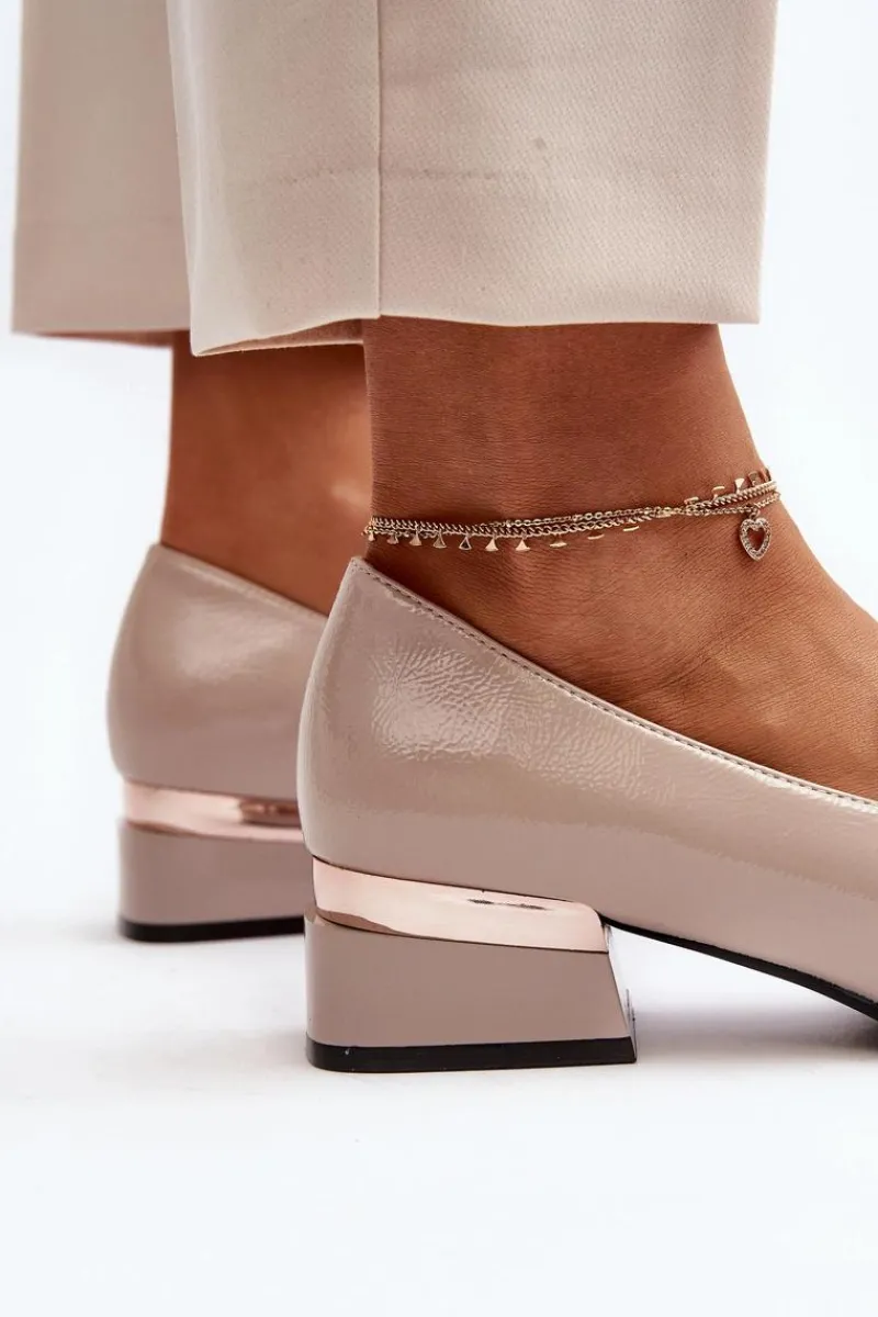 Damskie Półbuty Lakierowane Na Niskim Obcasie Beżowe Marilni Damskie Półbuty Lakierowane