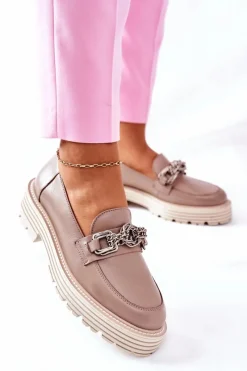 Discount Laura Messi Damskie Półbuty Loafery Skórzane Ciemny Beż 2383