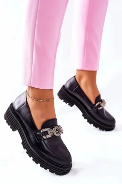 Półbuty Skórzane>Laura Messi Damskie Półbuty Loafery Skórzane Czarne 2383