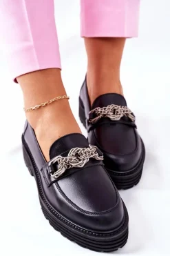 Półbuty Skórzane></noscript>Laura Messi Damskie Półbuty Loafery Skórzane Czarne 2383